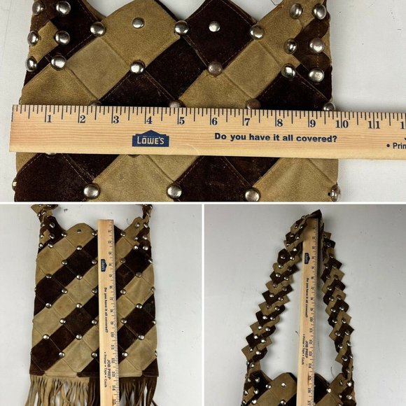 Vintage Tan Shoulder Bag Leather Boho Gypsy Festival Fringe Studded Handbag - Picture 12 of 12